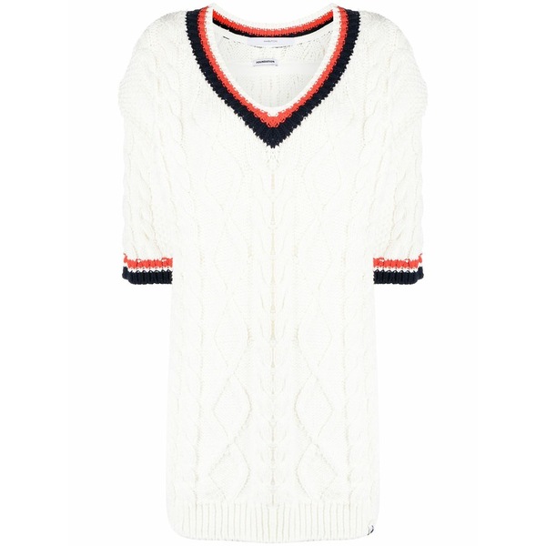 プッシュボタン レディース Tシャツ トップス Three-quarter sleeve cable-knit top White|asty