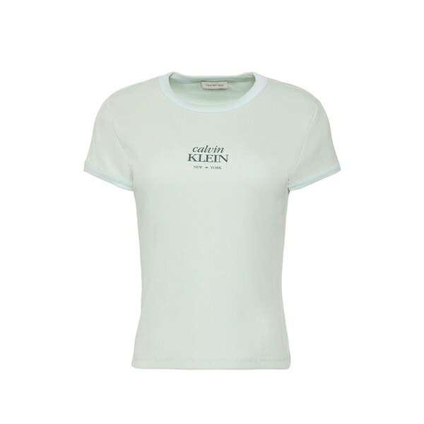 カルバンクライン レディース Tシャツ トップス Logo-print ribbed t-shirt Green｜asty