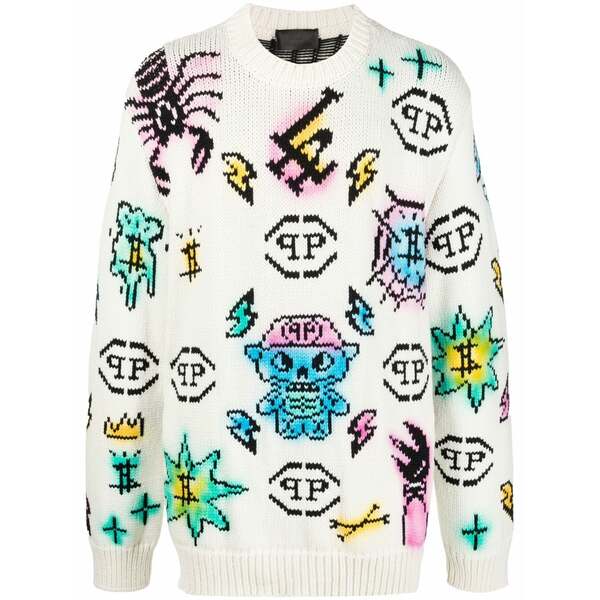 フィリップ飾り気のない メンズ 編み物\u0026プルオーバー アウター Tattoo monogram knitted jumper  White