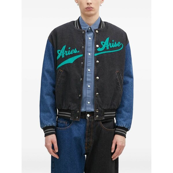 アリーズ メンズ ジャケット&ブルゾン アウター Embroidered-logo denim jacket Black|asty