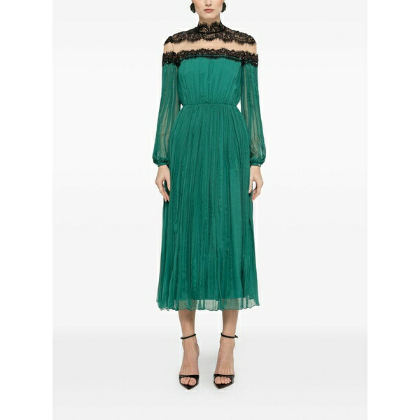 ニッサ レディース ワンピース トップス Lace panel silk midi dress Green｜asty