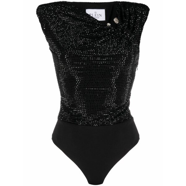 フィリッププレイン レディース シャツ トップス Crystal-embellished bodysuit Black｜asty