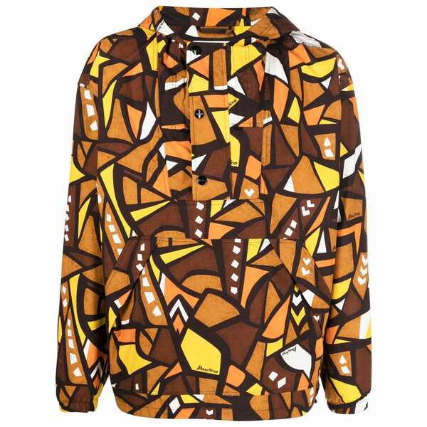 モスキーノ メンズ ジャケット&ブルゾン アウター Patterned hooded windbreaker jacket Brown|asty
