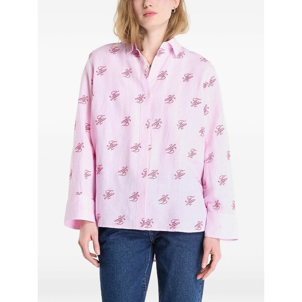 トミー ヒルフィガー レディース プルオーバー トップス Monogram-print button-down linen shirt Pink