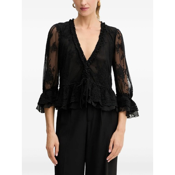 赤ちょうちん点点 レディース プルオーバー トップス Ruffled laced top Black