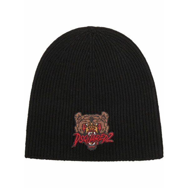 ディースクエアード メンズ 鳥打ち帽 付属物 Bear-appliqu￡ wool beanie Black