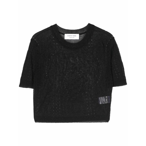 マリーン セル レディース Tシャツ トップス Pointelle-knit cropped blouse Black｜asty