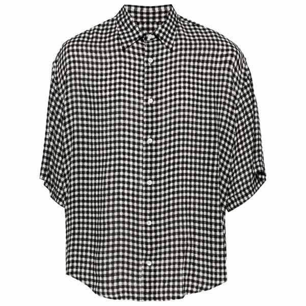 意中の女 メンズ プルオーバー トップス Gingham-check short-sleeve shirt Black