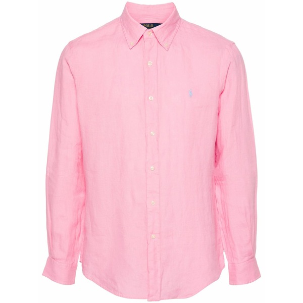 ラルフローレン メンズ シャツ トップス Polo pony-embroidered linen shirt Pink|asty