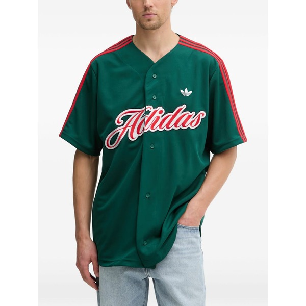 アディダス メンズ シャツ トップス Logo-embroidered 3-stripe shirt Green|asty