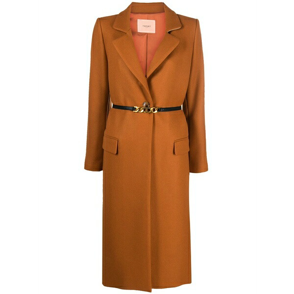 ツイン仕掛ける レディース 厚地の外套 アウター Single-breasted belted coat Brown