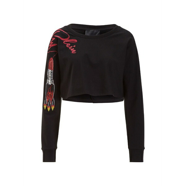 フィリップ飾り気の無い レディース ティーシャツ トップス Mambo long-sleeved lettering crop t-shirt Black トップス-レディースファッション