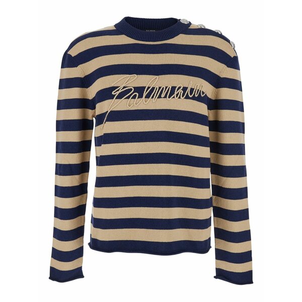 バルマン メンズ 編み物\u0026プルオーバー アウター Striped logo-embroidered sweater Brown