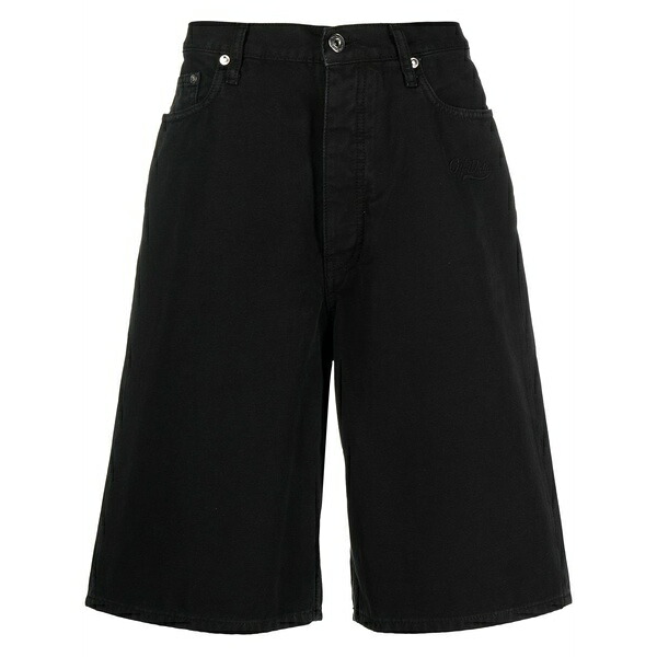 オフホワイト メンズ カジュアルパンツ ボトムス Logo-patch wide-leg denim shorts Black｜asty