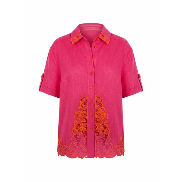 耕園 リオ レディース プルオーバー トップス Guipure-lace-trim short-sleeve shirt Pink