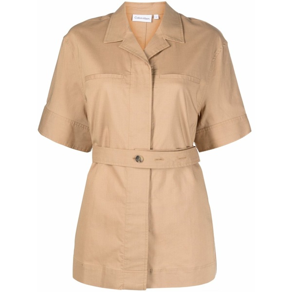 カルバンクライン レディース プルオーバー トップス Notched-collar belted-waist shirt  Brown