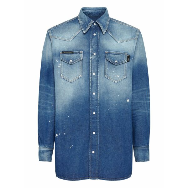 フィリッププレイン メンズ シャツ トップス Paint-splatter shirt Blue｜asty