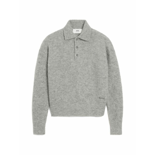 アミ メンズ ポロシャツ トップス Long-sleeve logo-embroidered polo shirt Grey｜asty