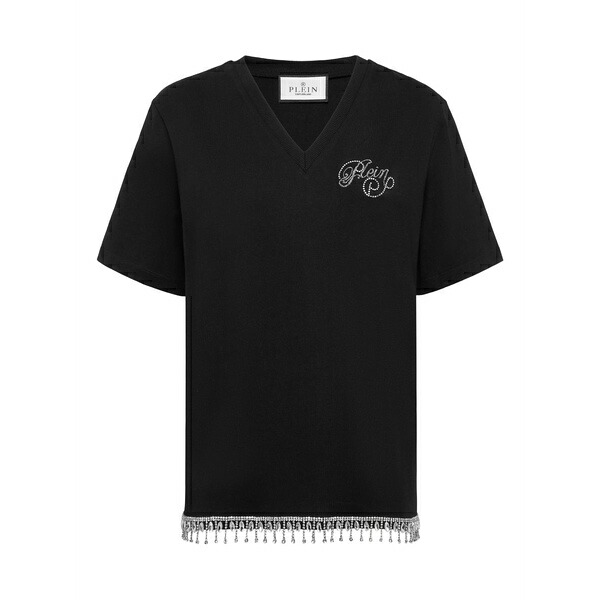 フィリップ飾り気のない レディース ティーシャツ トップス Signature-embellished v-neck t-shirt Black