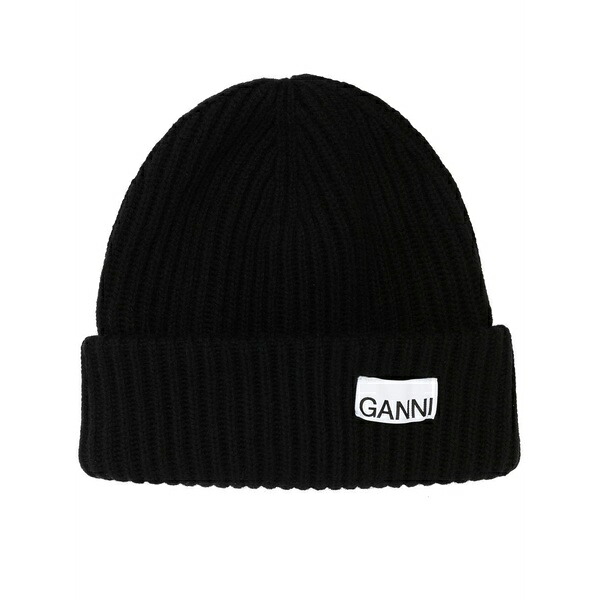 ガニー レディース かぶり笠 佩び物 Logo-patch ribbed-knit beanie Black