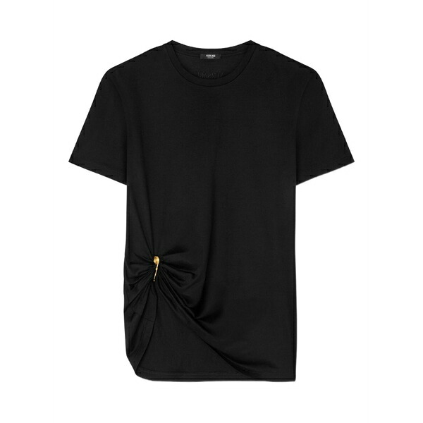 ヴェルサーチ レディース Tシャツ トップス Safety-pin draped t-shirt Black｜asty