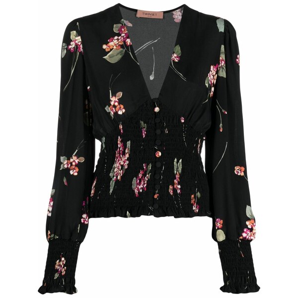 ツイン仕掛ける レディース プルオーバー トップス Floral-print v-neck blouse Black