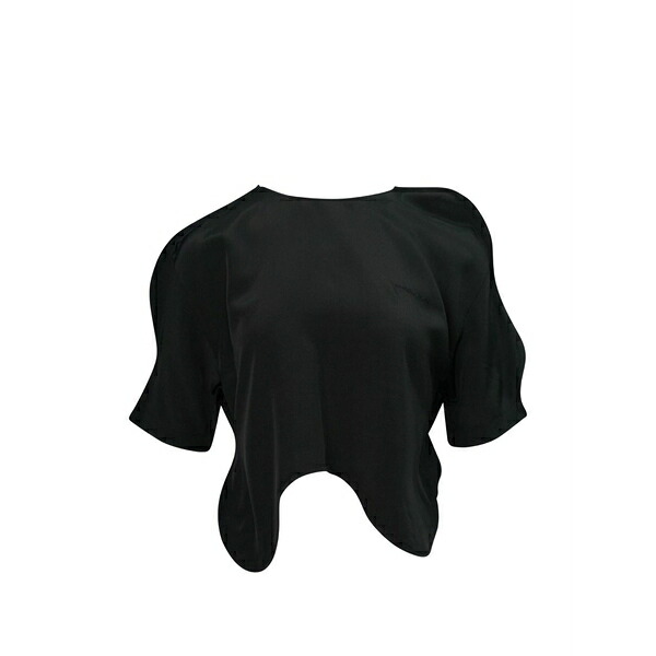プッシュボタン レディース シャツ トップス Wavy-hem short-sleeve blouse Black｜asty