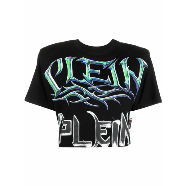 フィリップ飾り気のない レディース ティーシャツ トップス Logo-print padded-shoulder t-shirt Black