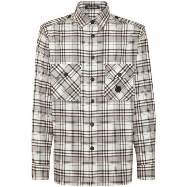 フィリッププレイン メンズ シャツ トップス Skull&bones-print checked shirt Neutrals｜asty