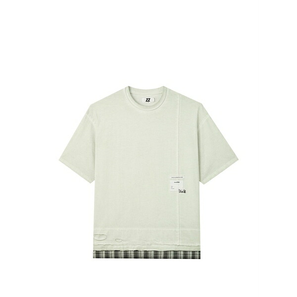 イズエ メンズ Tシャツ トップス Check-trim distressed t-shirt Green｜asty 19,695円