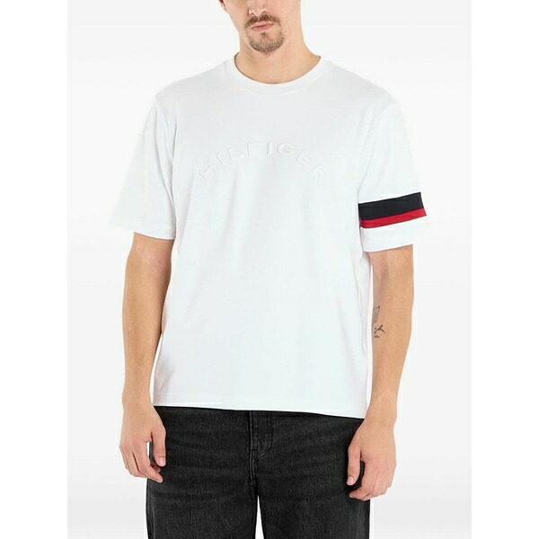 トミー ヒルフィガー メンズ ティーシャツ トップス Embossed-logo stripe-detail t-shirt White