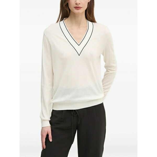モス モッシュ レディース 編み物\u0026ティーシャツ アウター V-neck trim-detail sweater White