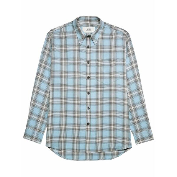 意中の女 メンズ ティーシャツ トップス Long-sleeved checkered knitted shirt Blue