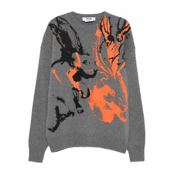 エムエスジイエム メンズ 編み物\u0026スウェーター アウター Rabbit-print crew-neck sweater Grey