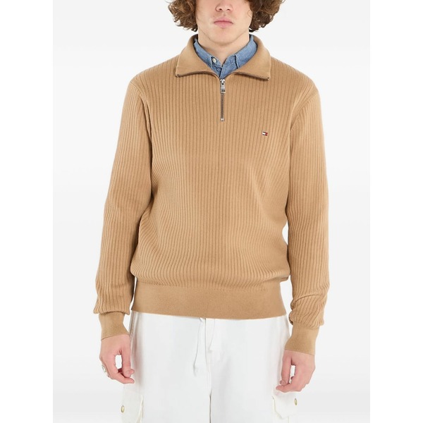 トミー ヒルフィガー メンズ 編み物\u0026プルオーバー アウター Ribbed-knit quarter-zip sweater Neutrals