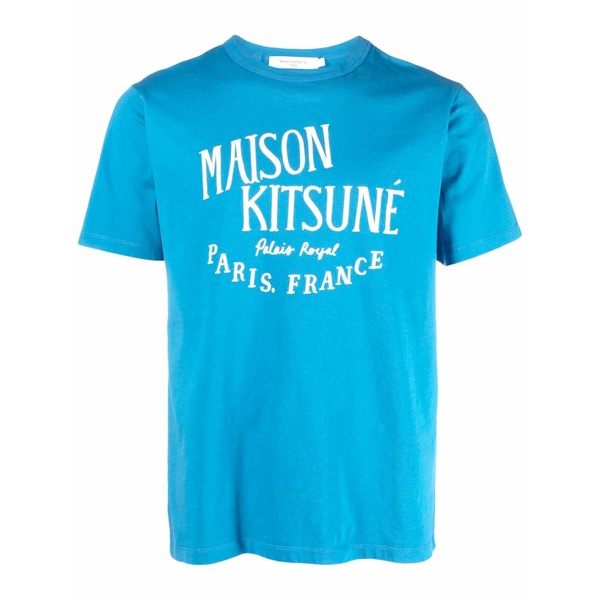 メゾン キツネ メンズ Tシャツ トップス Logo-print cotton t-shirt Blue｜asty