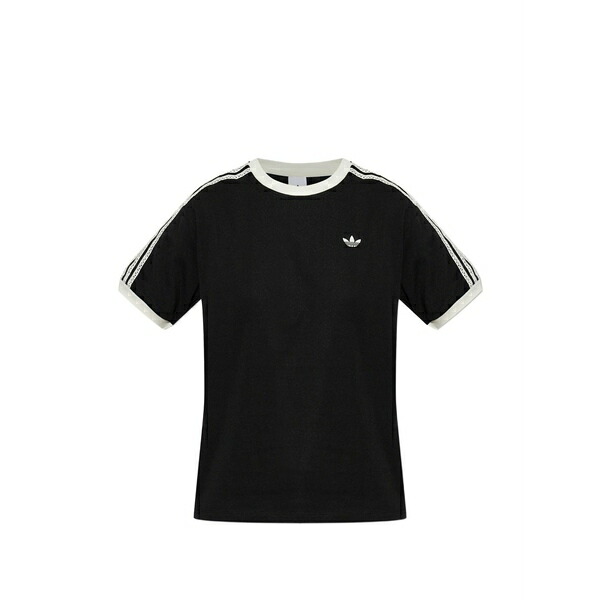 アディダス レディース Tシャツ トップス Logo-patch lace-stripe t-shirt Black｜asty