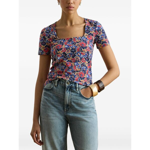 ラルフローレン レディース Tシャツ トップス Floral-print square-neck sweater Blue|asty
