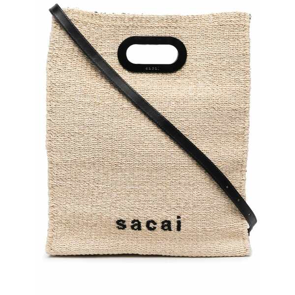サカイ メンズ トートバッグ 御徒面子 Logo-embroidered woven tote bag Neutrals