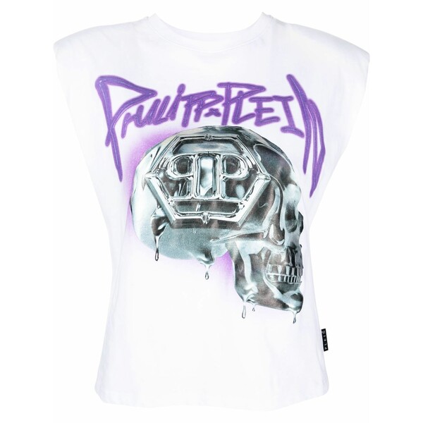 フィリッププレイン レディース カットソー トップス Skull-print padded-shoulder tank top White｜asty