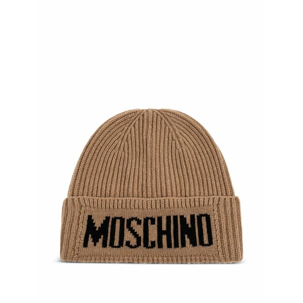 モスキーノ メンズ 帽子 アクセサリー Logo-embroidered ribbed beanie Brown|asty