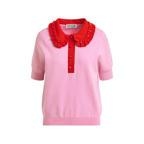 エッセンシャルアントワープ レディース スポーツシャツ トップス Beaded-embellished ruffled-trim polo top Pink