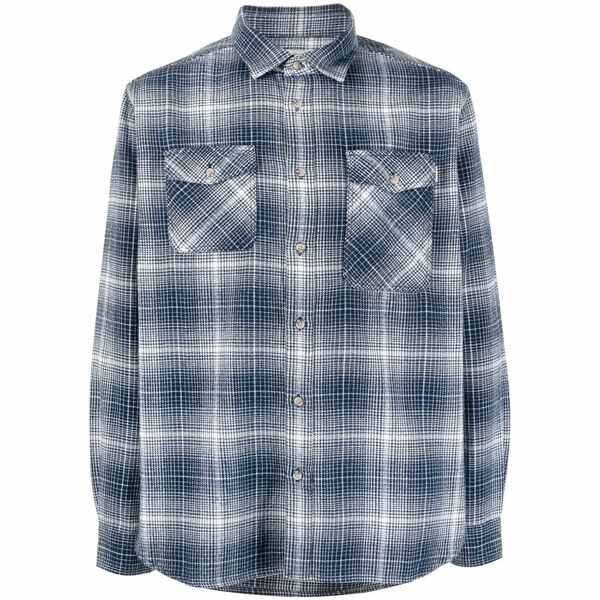 毛糸 分限者 メンズ プルオーバー トップス Check-pattern button-up shirt Blue