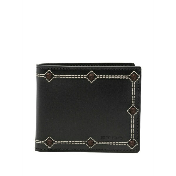 エトロ メンズ 銭入れ 添え物 Embroidered leather wallet Black