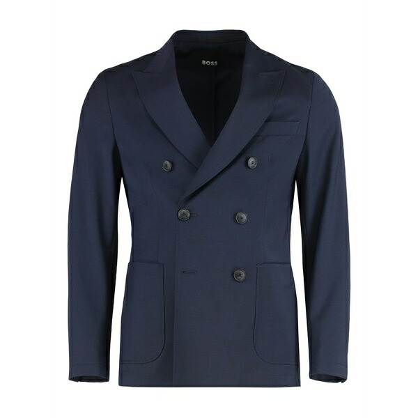 ボス メンズ ジャケット＆ブルゾン アウター Double-breasted buttoned blazer Blue｜asty