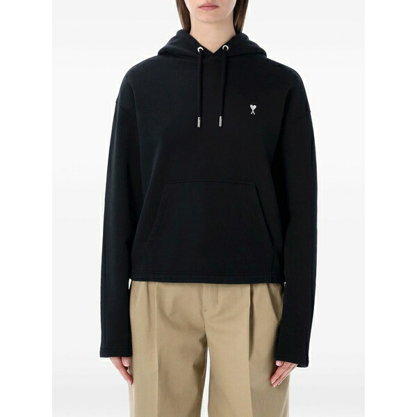 意中の女 レディース パーカー・スウェットシャツ アウター Heart-embroidery hooded hoodie Black