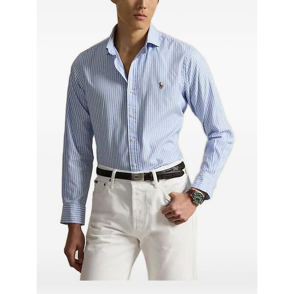 ラルフローレン メンズ シャツ トップス Striped-pattern chest-logo shirt Blue｜asty