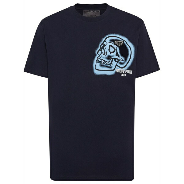 フィリッププレイン メンズ Tシャツ トップス Skull-print round-neck t-shirt Blue|asty