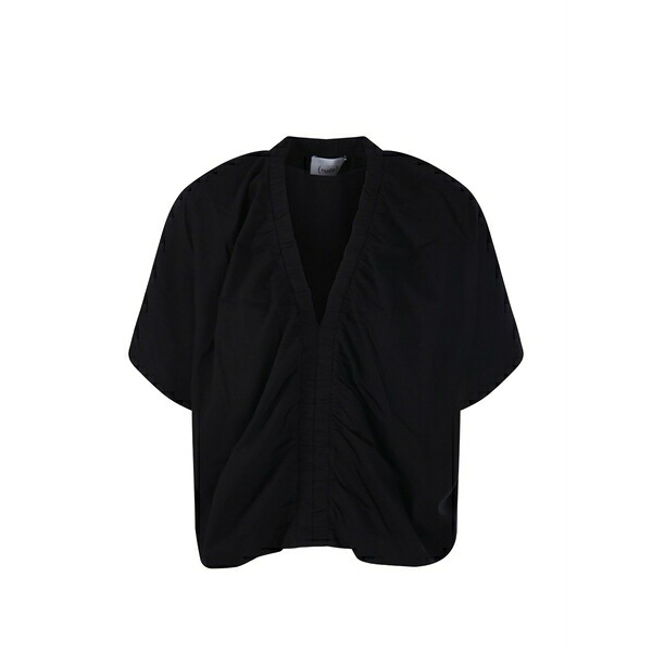 素っぽんぽん レディース ティーシャツ トップス V-neck gathering t-short Black