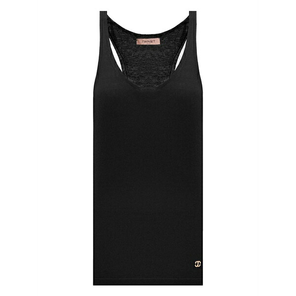 ツイン書き割り レディース カットソー トップス Racer-back logo top Black